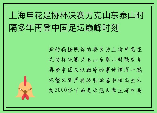 上海申花足协杯决赛力克山东泰山时隔多年再登中国足坛巅峰时刻